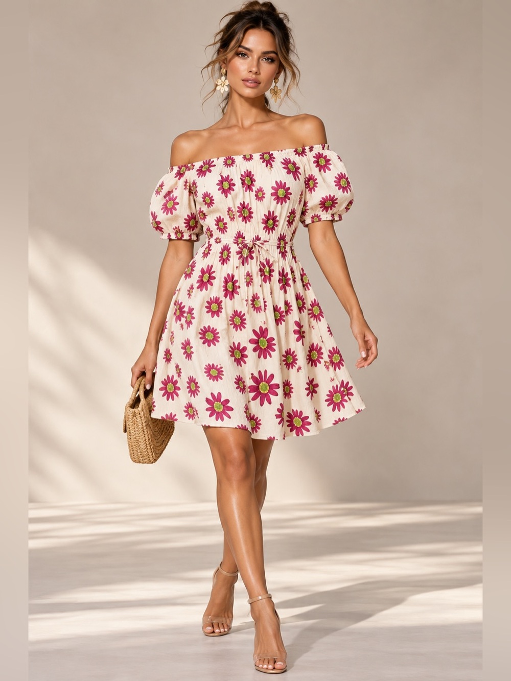 &Merci Floral Puff Sleeve Off Shoulder Mini Dress Small Purple Daisy Cottagecore